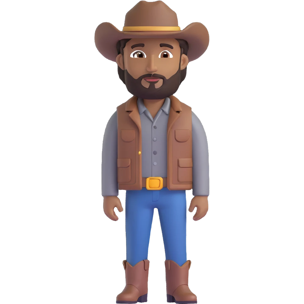 male cowboy emoji, medium brown skin, brown eyes, medium musculature, beard and goatee, brown leather hat, gray shirt, black and gray jacket, full body, side view emoji