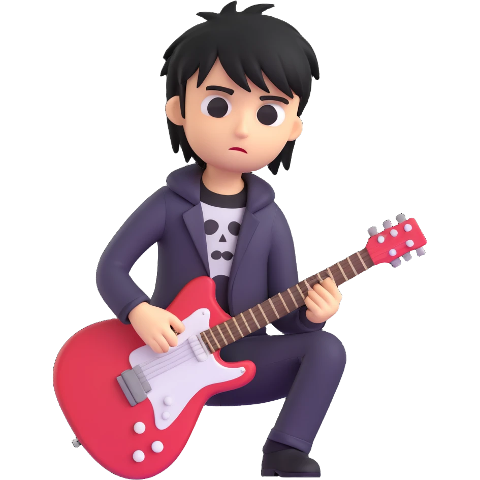 3D emoji of a guitar with emo hairstyle and melancholic look emoji