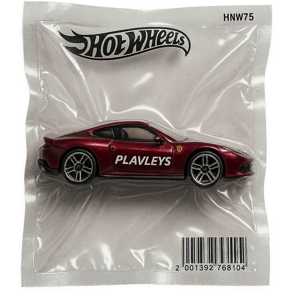 burgundy Ferrari Hot Wheels car with 'PLAVLEYS' text on the side, glossy, vacuum-sealed style emoji