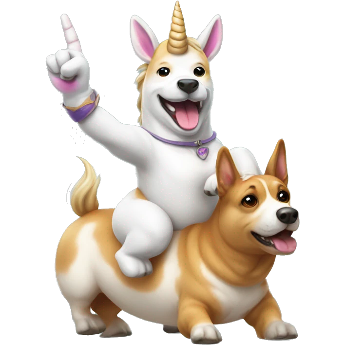 Unicorn giving the middle finger while riding a corgi emoji