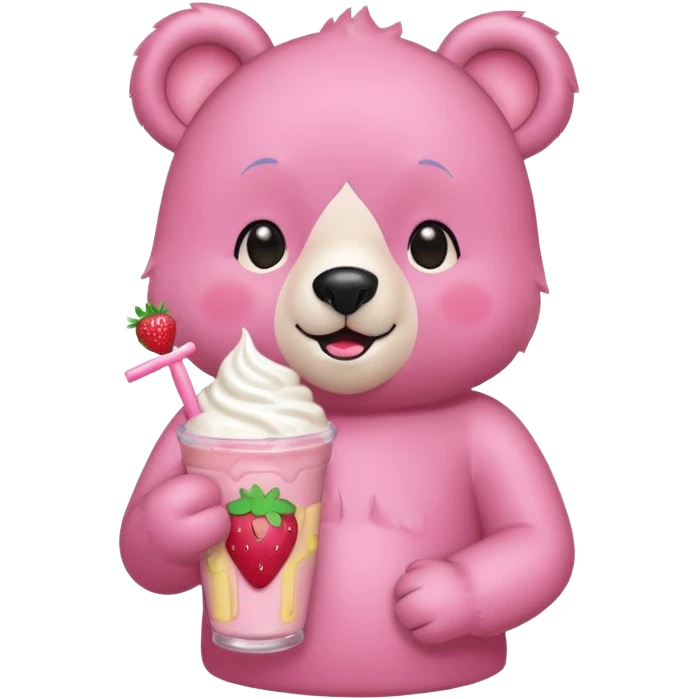 A pink bear is holding a strawberry and drinking a strawberry milkshake 
transparent background 
the style should be a teenager's hand-drawn, 2D, 2020s Japanese character-like emoji