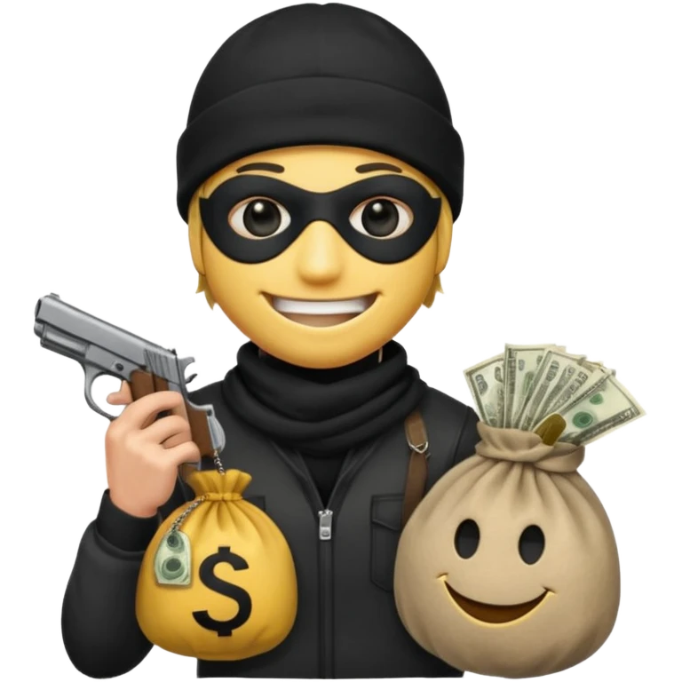 smiley robber wears black eye mask and black beanies with one money bag beside him emoji