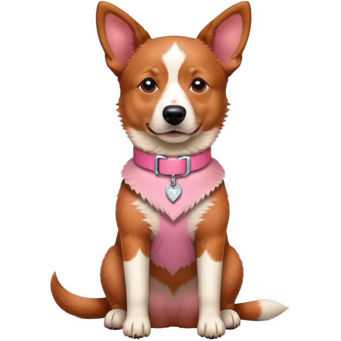 Australian red heeler dog sitting down facing forward, with a pink collar around neck emoji