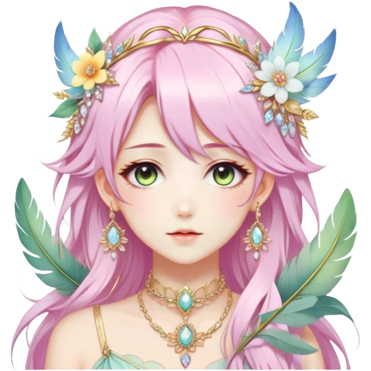 Beautiful gorgeous anime lady with beautiful pastel-special-hair, fashion aesthetic, ethereal, fairycore, pastelcore, feather, flower, crystals, accessories, gold jewelries, gold, colorful, gold laurel, gold halo, emoji