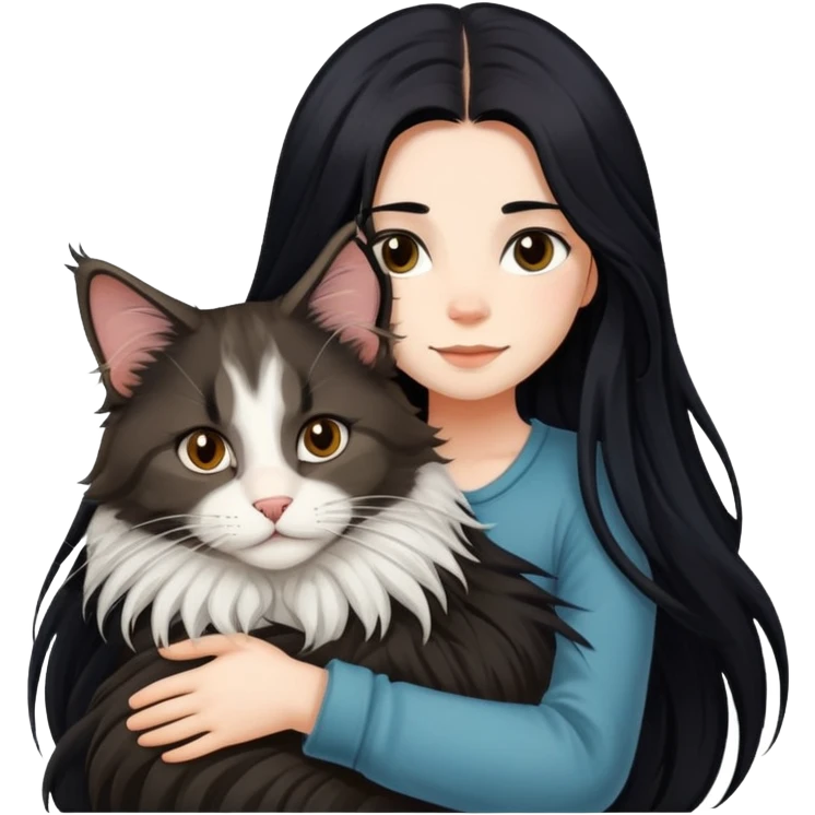 A girl with long black  hair tightly hugged a Maine coon emoji
