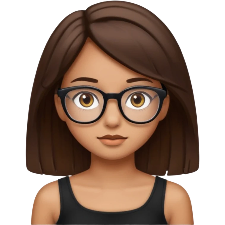 Imagine a girl with slightly light brown skin with big brown eyes and glasses. She has straight brown hair and is wearing a black tube top emoji