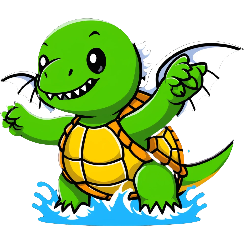 A menacing turtle with spiked shell, dragon-like wings spread wide, fangs bared, sharp claws extended, shooting water and steam emoji