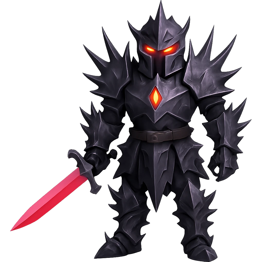 Make the knight's black armour spikey, keep glowing red eyes, mysterious and powerful style, no background. emoji