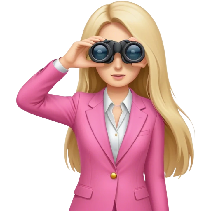 white female employee with long hair in pink suit using binoculars emoji