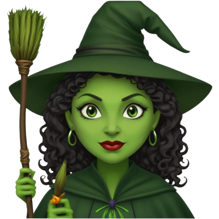 elphaba wicked witch with broom close up, evil dark curly hair, green skin, thick lips, cheekbones, smirk evil menacing cythia erivo emoji