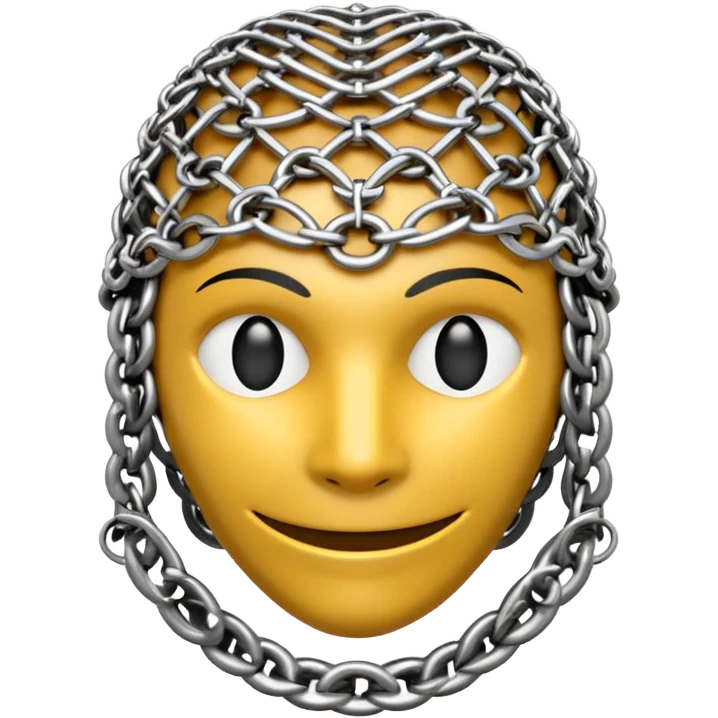 3D render of Medieval Coif, made of interlocking chainmail metal rings, wire mesh texture, visible holes and negative space, metallic silver and grey, high contrast shadows, Apple emoji style, isolated on white background --v 6.0. emoji
