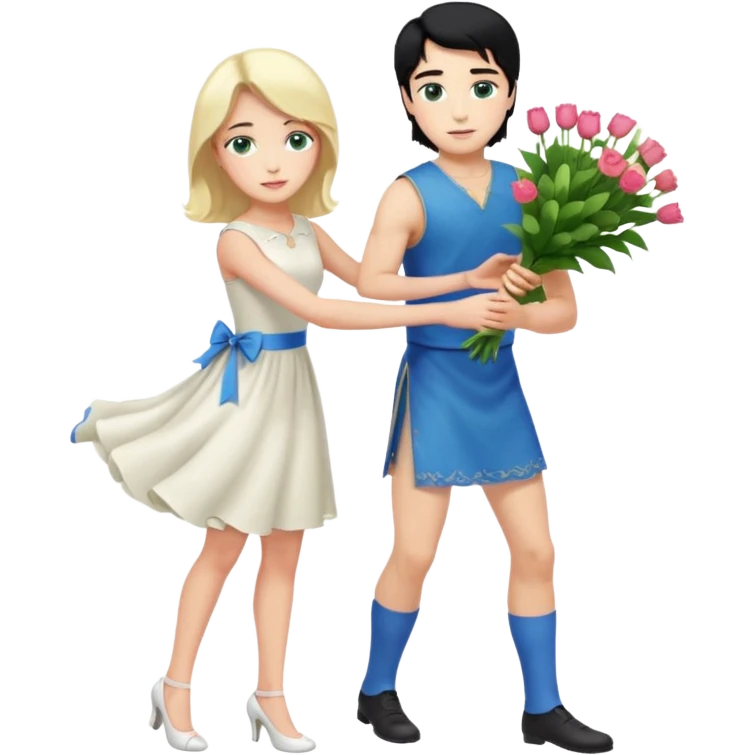 prince, upright, black Hair, blue eyes, Woman, blonde Hair, Green eyes, bending knee, sleveless White Dress, emoji