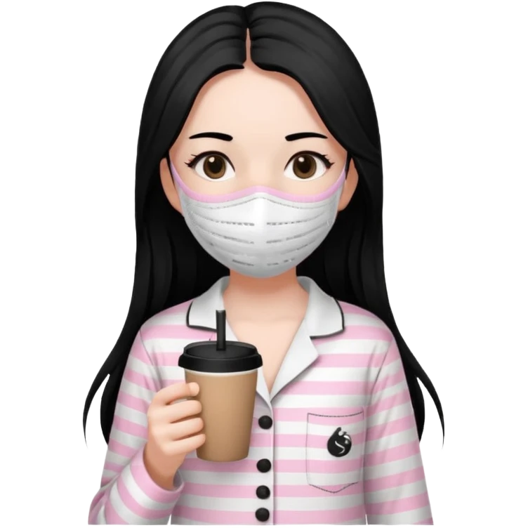 chica de pelo lacio color negro cabellera larga piyama blanca con rayas rosa claras peo no tan claras no oscuras el bordado es negro al igual que los botones )tiene una mascarilla para la carablanca y sostiene y cafe con bolitas nedras al dondo con unsorbete tranparente y es de test blanca  emoji