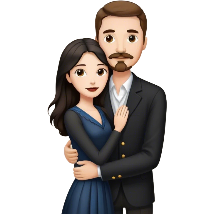 tall white man with brown hair goatee mustache embracing a pale woman with long black hair, wearing elegant clothing standing emoji