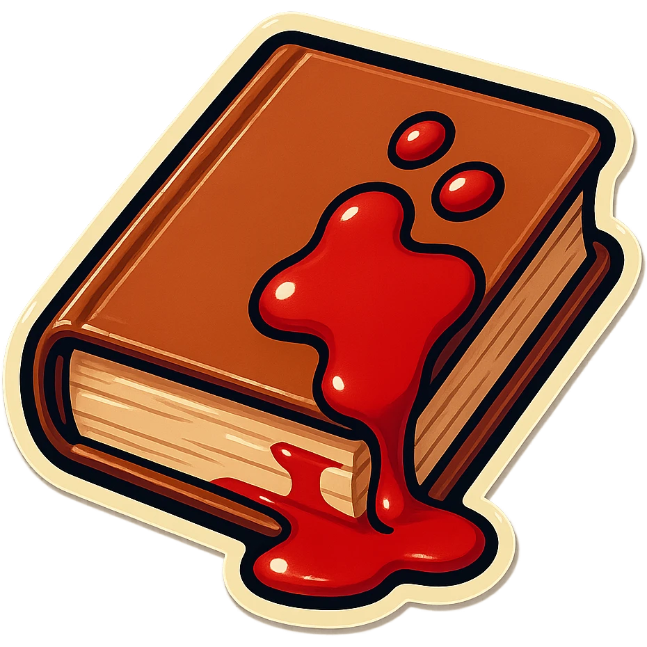 old book with blood stains, sharp black outlines, no gradients, clear shadows and highlights, retro stickers style emoji