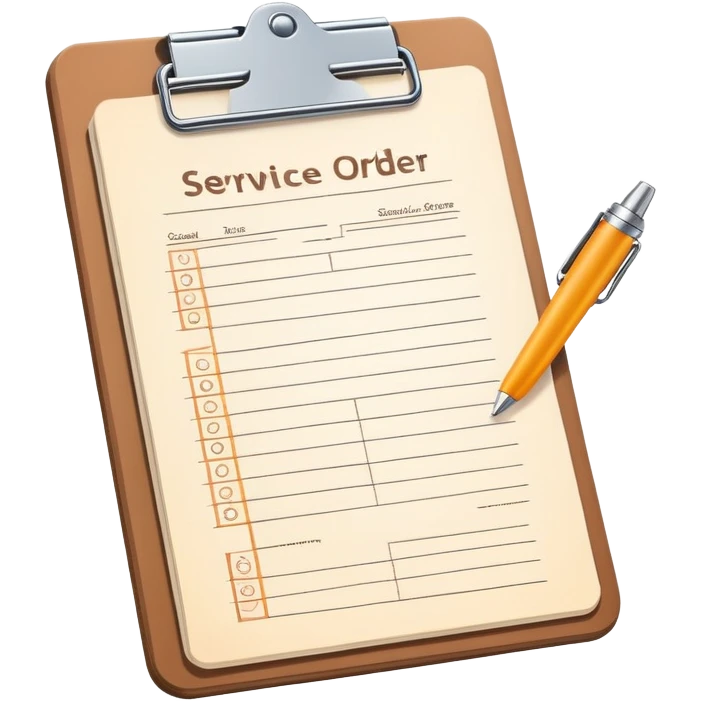 clipboard holding a simplified service order paper with faint lines, with a small gear symbol, clean vector art, bright colors, isolated emoji