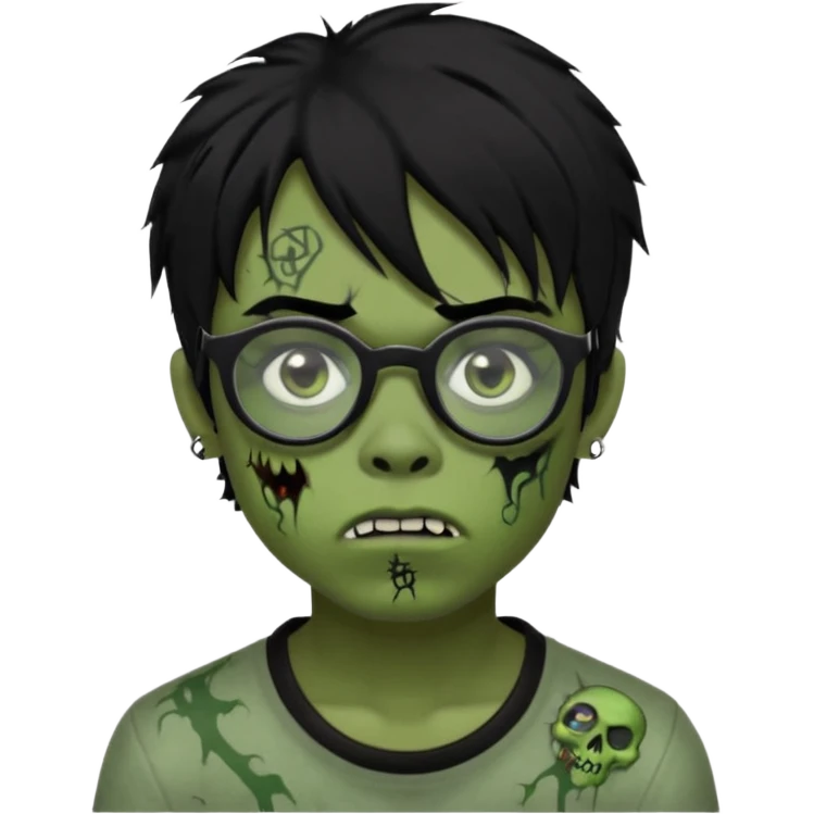Boy, zombie, black hair, medium long, emo, shaggy, dark, spooky, creepy expression emoji, add dolce gabanna glasses, a risk on the eyebrow, some tattos  emoji