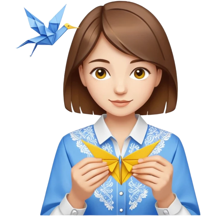 A happy Ukrainian young girl with brown hair in a white embroidered shirt making an origami crane in yellow and blue colors emoji