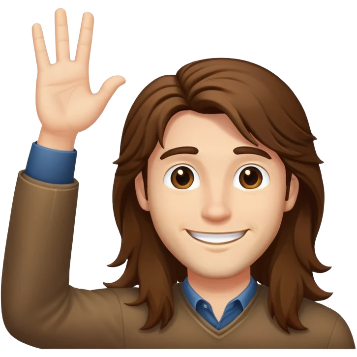 Man with brown long hair raises his hand and smiles emoji