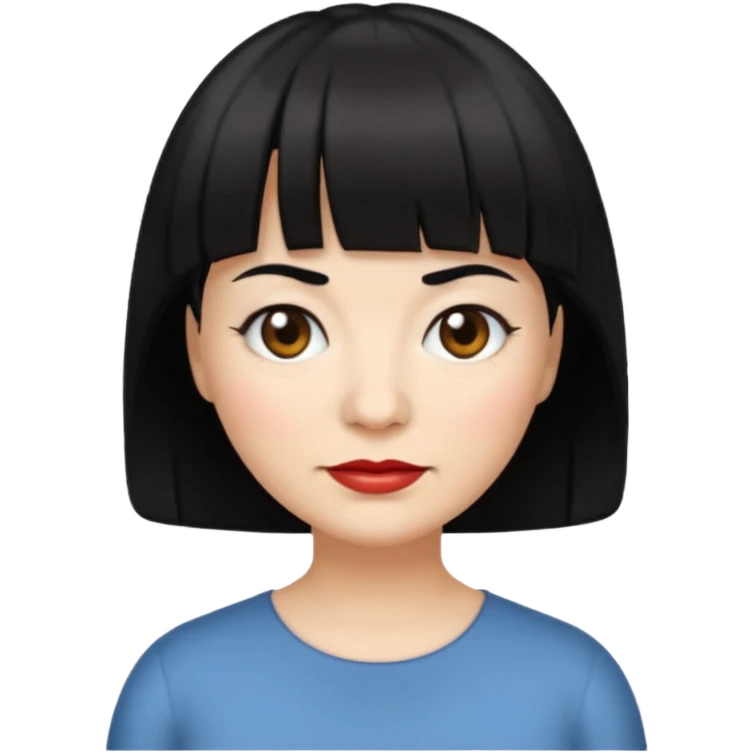 Illustrated emoji of a middle aged woman with short black hair and bangs, white skin and dark eyes emoji