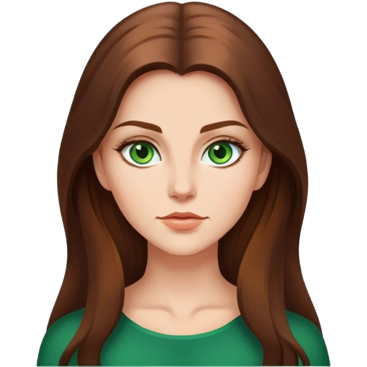 Beautiful woman with long brown hair and green eyes and a strong chin emoji