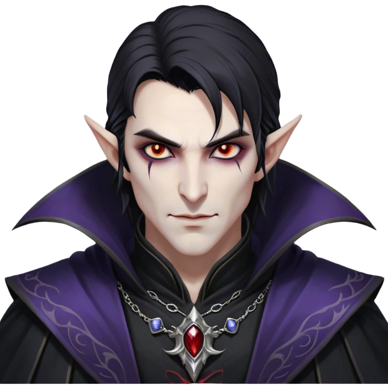 Cinematic Realistic WoW Vampire Mage Portrait, head tilted dramatically with an exaggeratedly amused expression, blending ominous mystique with a wry, unexpected charm. His pallid skin, sleek dark hair, and intricately detailed black robe with silver accents are rendered with lifelike texture and moody, dynamic lighting, high shine, dramatic yet whimsical, capturing a dark mage who wields ancient power with a mischievous glint. emoji