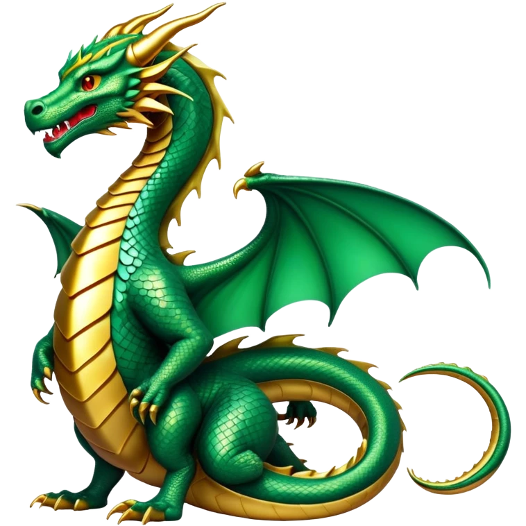 cinematic-noble-dragon-full body-emoji,-poised-and-majestic,-with-a-sinuous,-elongated-build-and-shimmering,-scale-covered-skin-in-hues-of-emerald-and-gold,-piercing,-fiery-eyes,-simplified-yet-sharp-and-sophisticated-features,-highly-detailed, zoomed out showing the serpentine body emoji