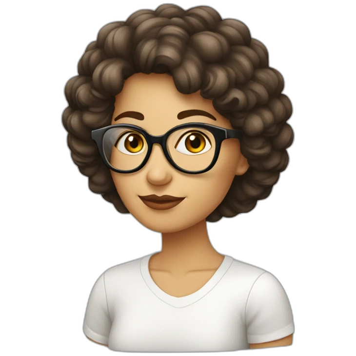 Mujer blanca. Pelo blanco corto. Ojos marrones. Gafas  emoji