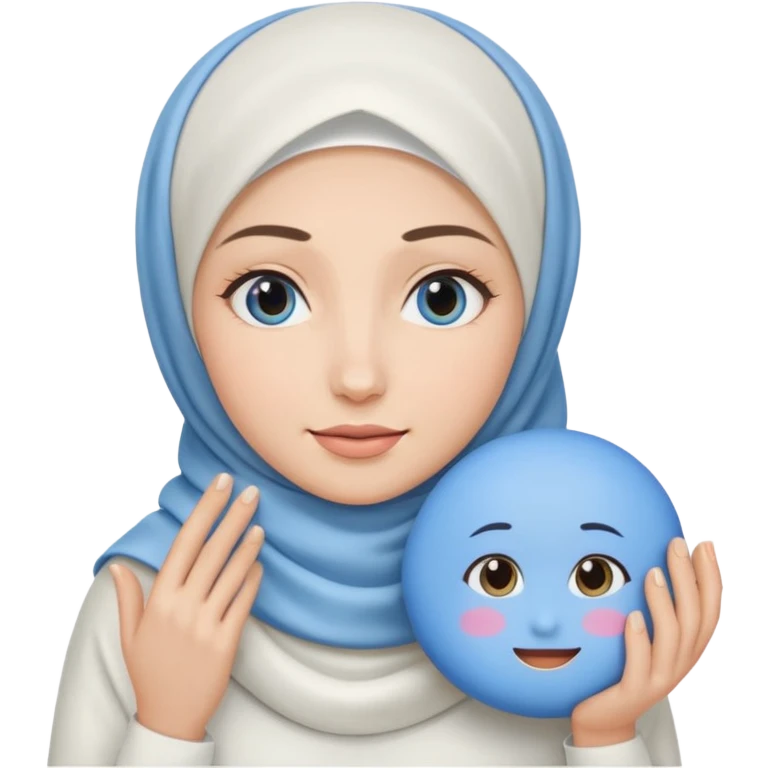 white pretty woman with white hijab holding a blue cushion foundation emoji emoji