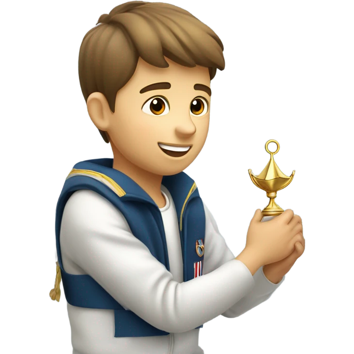 boy puts medal on his sailing boat emoji