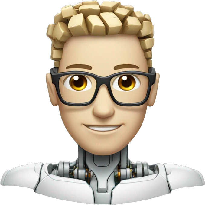 Cyborg head with fair skin, flat top haircut, rectangular glasses, circuits and smiling  emoji