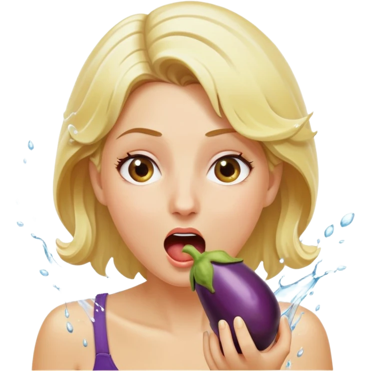 blond woman eating an eggplant, water stream squirting out of the aubergine, surprised expression, clear water splash emoji