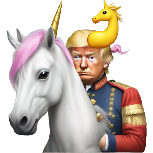 trump holding a unicorn with a rubber duck on the unicorns head emoji