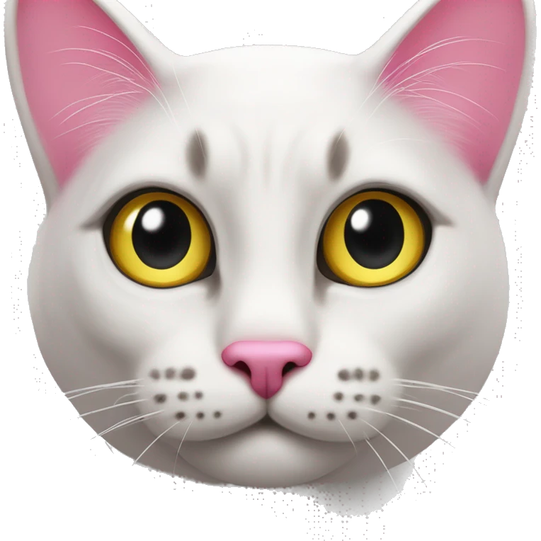 un gatto bianco con un fiocco rosa sull’orecchio sinistro e occhi neri e naso giallo emoji