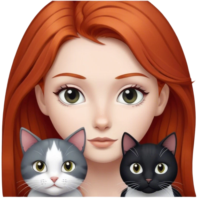 red haired girl grey eyes with a black and white cat emoji