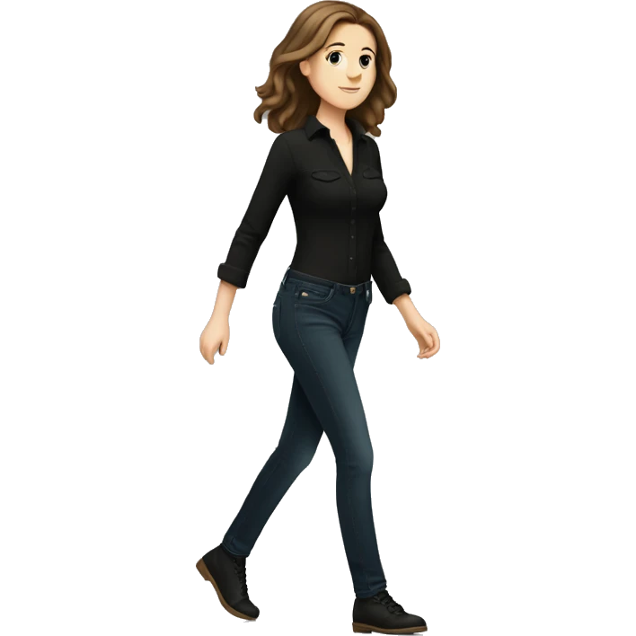 A white  girl with shoulder-length brown hair in black jeans and a black blouse is walking to the right emoji