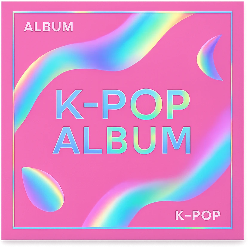 pink kpop album with holographic cover, trendy emoji