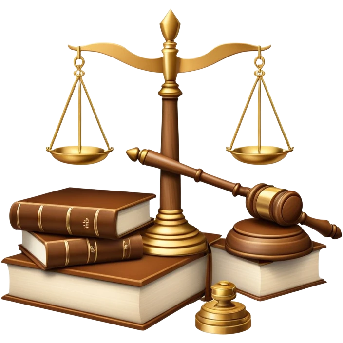 An icon featuring a gavel, scales of justice, and legal books, symbolizing law. The design includes a courthouse building in the background, representing the legal system and justice. Transparent background highlights the authority and structure of the law. emoji