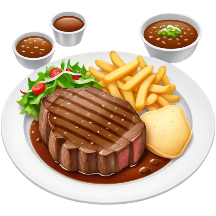 big juicy australian steak meal featuring chips, small salad in a ramiken and gravy  emoji