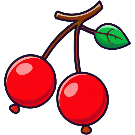 Two plump red cherries hanging from a small branch with green leaves emoji