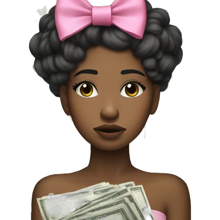 Stylish black girl crying with pink bow on her hair and stack of money on one of her hands emoji