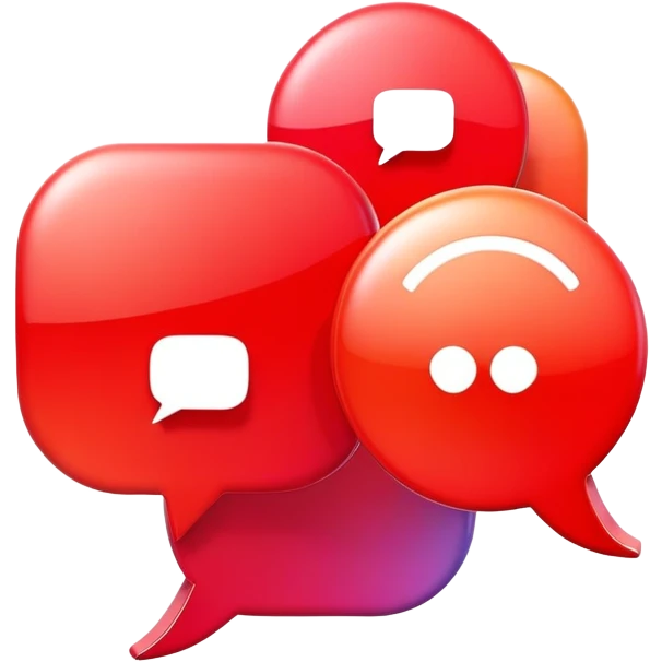 A minimalist 3D illustration of intersecting chat bubbles with a small play button, red gradient colors, clean lines, tech-inspired design emoji