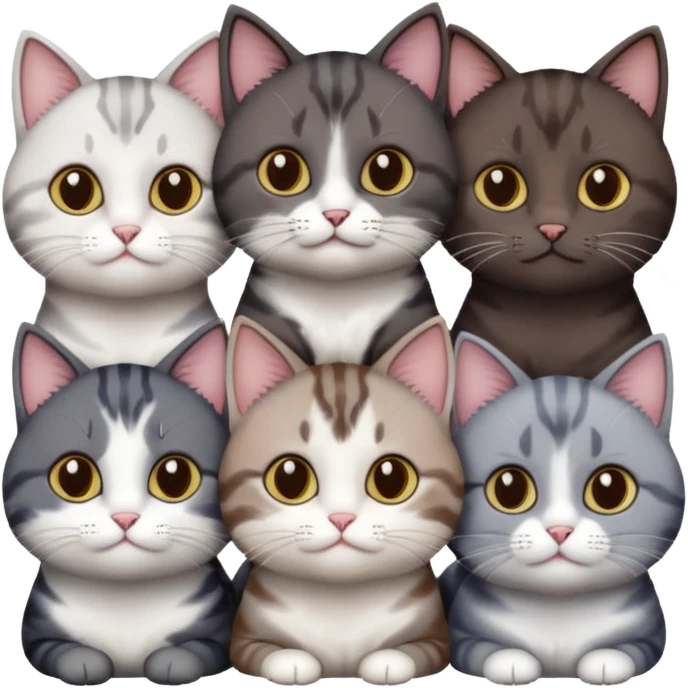 4 different coloured short haired cats including; a dark brown and white cat, and a dark grey and white  emoji