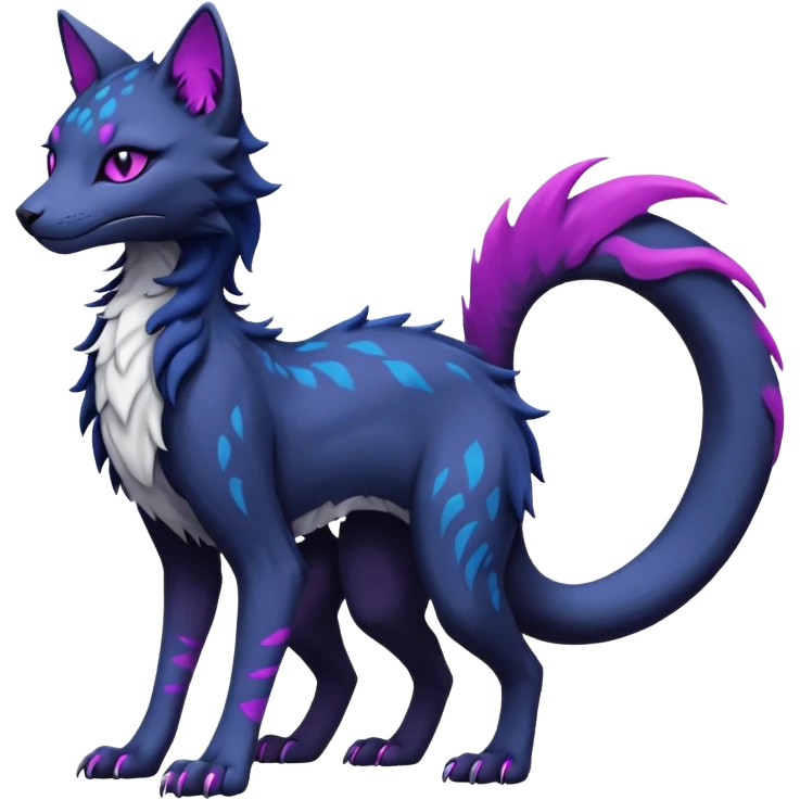 Kawaii dark edgy gloomy black grey white dark-abyssal-blue ethereal feline-vernid-sergal-fursona animal creature with a tufted tail full body with intricate markings with magenta eyes emoji