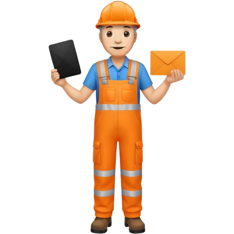 mature engineer hi-vis orange overalls standing full body holding a card emoji