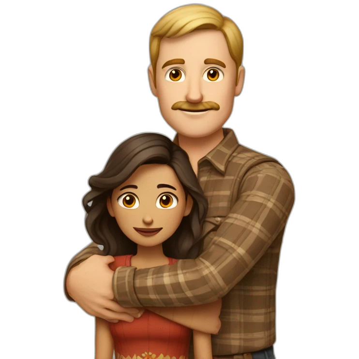 Tall white man with brown hair and a brown mustache wearing plaid hugging a very short Indian woman emoji