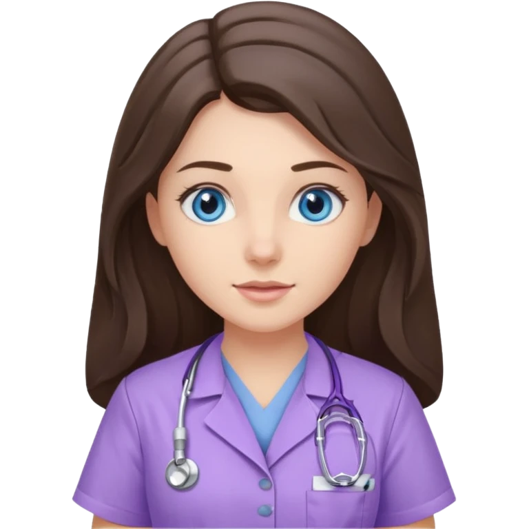 pretty brunette nurse with long hair and blue eyes in lilac scrubs emoji