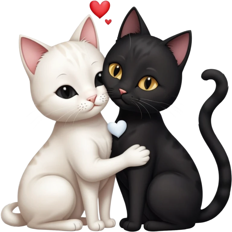 Big black cat is kissing a small white cat with hearts above emoji