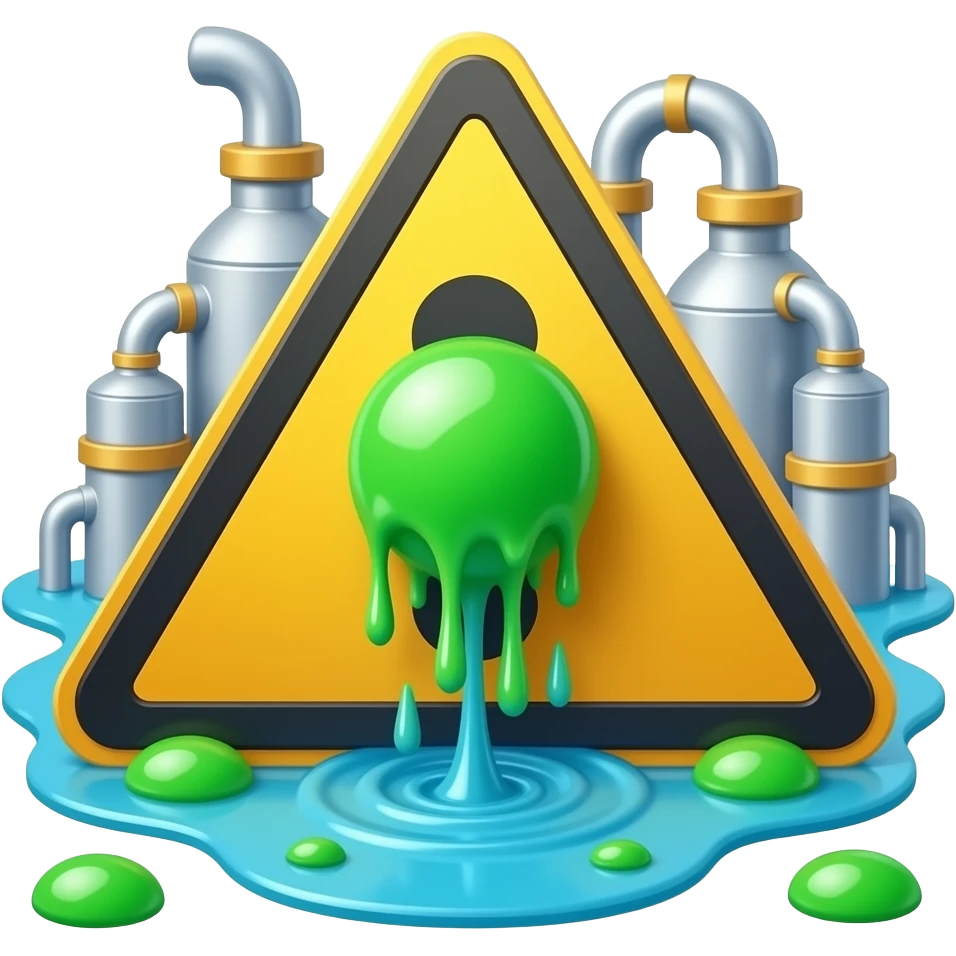 A detailed photograph of a yellow triangular warning sign in an industrial setting, with a black border.
The sign features a green-slime-covered sphere dripping into a pool at its base, surrounded by scattered green goo balls. emoji
