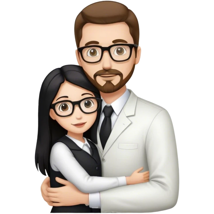 Tall white man brown hair and goatee hugging small woman long black hair square glasses, professional emoji